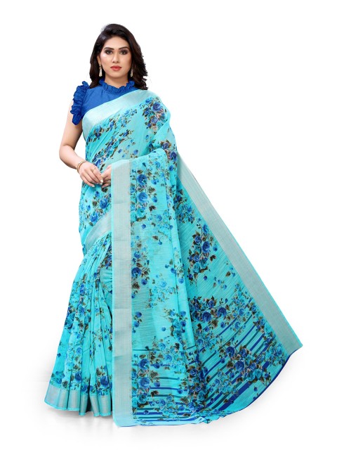

KALINI Turquoise Blue & Black Floral Printed Zari Bagh Saree