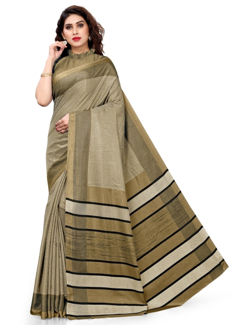 

KALINI Khaki & Off White Geometric Printed Art Silk Saree