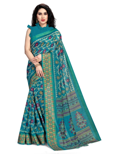 

KALINI Turquoise Blue & Red Floral Zari Polycotton Bagh Saree