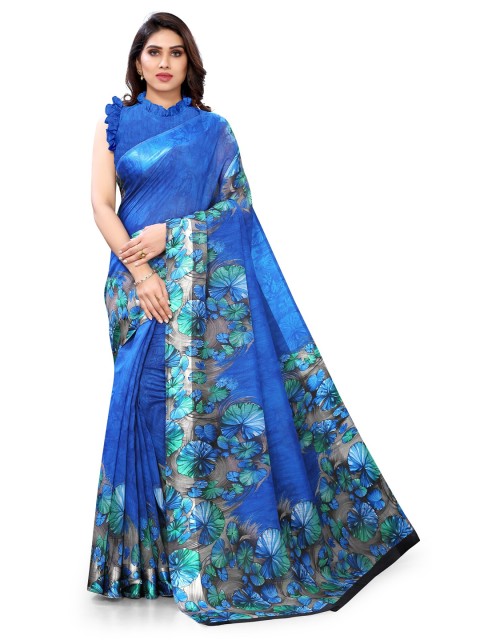 

KALINI Blue & Grey Floral Printed Bagh Cotton Saree