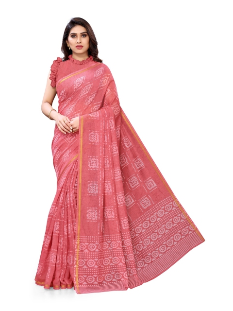 

KALINI Red & White Batik Printed Zari Block Print Saree