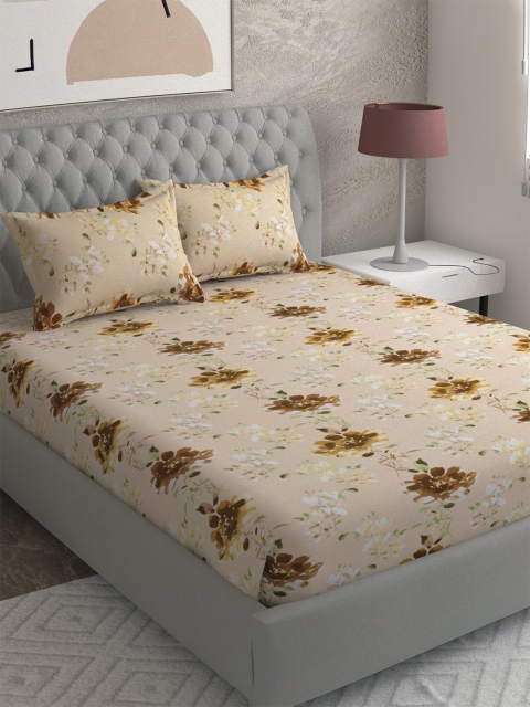 

EverHOME Beige & Green Floral 144 TC King Bedsheet with 2 Pillow Covers