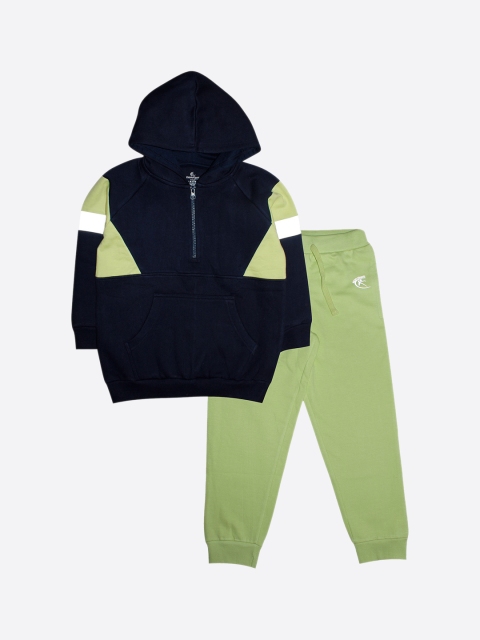 

KiddoPanti Kids Navy Blue & Green Colourblocked Pure Cotton Tracksuit