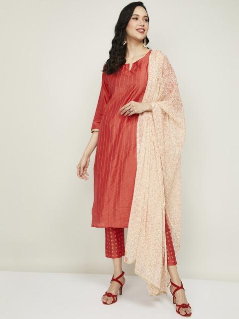 

Melange by Lifestyle Women Coral Striped Keyhole Neck Kurta