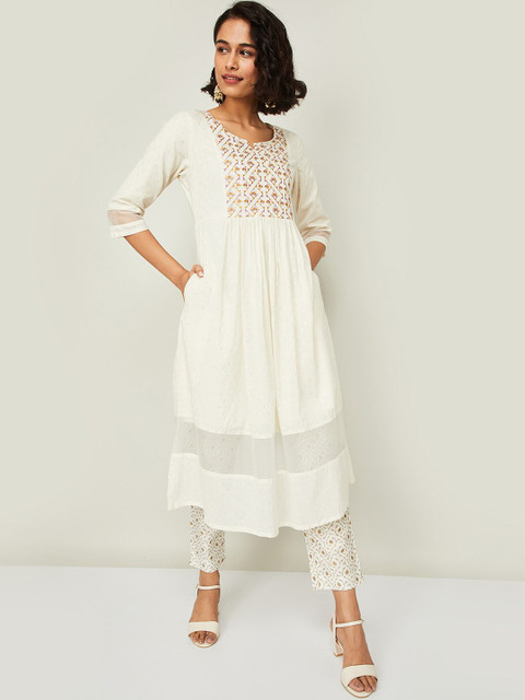 

Melange by Lifestyle Women Off White Woven Design Thread Work Flared Kurta