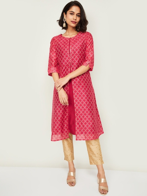 

Melange by Lifestyle Women Fuchsia Ethnic Motifs Printed Chanderi Silk Kurta