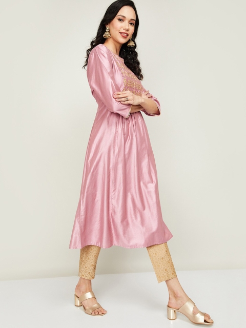 

Melange by Lifestyle Women Pink Ethnic Motifs Embroidered Thread Work Cotton Kurta