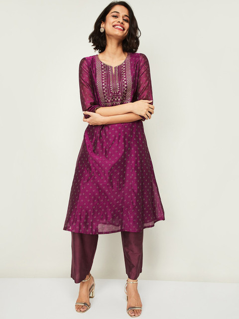 

Melange by Lifestyle Women Purple Ethnic Motifs Chanderi Silk Kurta