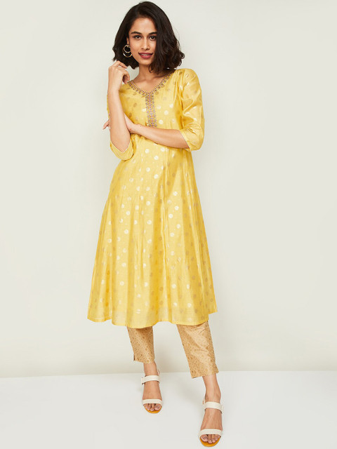 

Melange by Lifestyle Women Yellow Printed Chanderi Silk Kurta