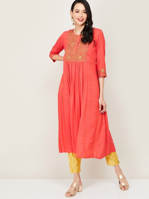 

Melange by Lifestyle Women Orange & Yellow Floral Embroidered Kurta