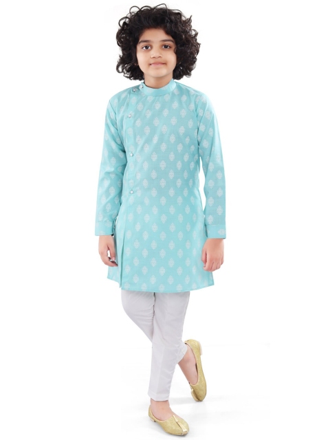 

Nakshi by Yug Boys Blue Ethnic Motifs Printed Angrakha Pure Cotton Kurta with Pyjamas
