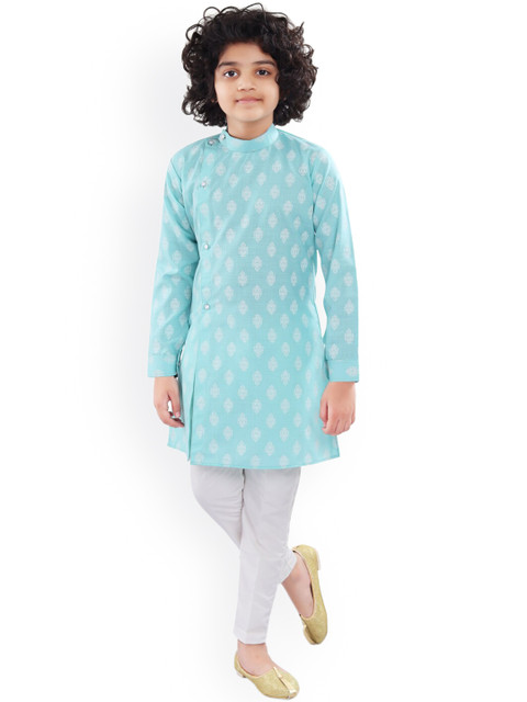 

Nakshi by Yug Boys Blue Ethnic Motifs Printed Angrakha Pure Cotton Kurta with Pyjamas