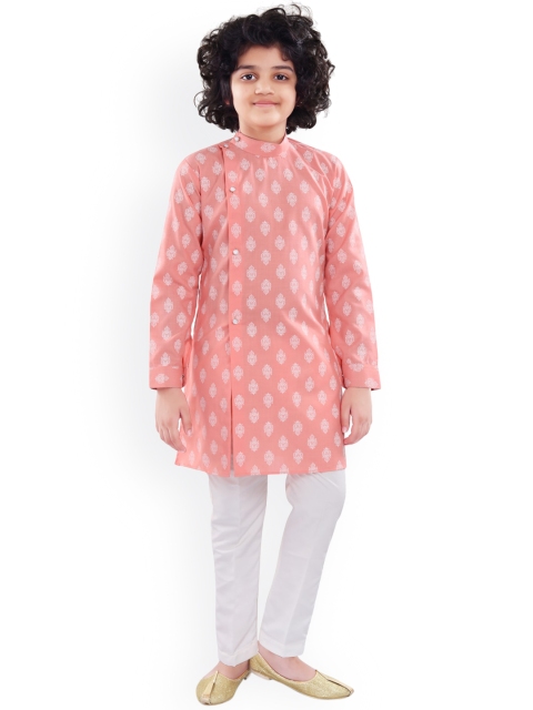 

Nakshi by Yug Boys Peach-Coloured Ethnic Motifs Printed Angrakha Pure Cotton Kurta with Pyjamas