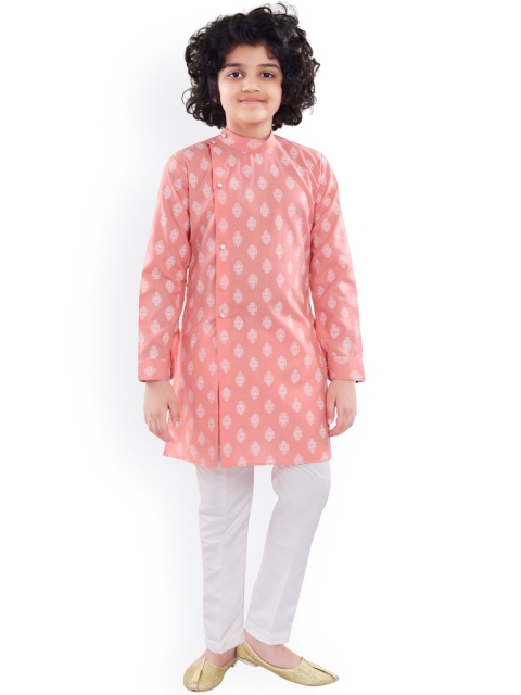 

Nakshi by Yug Boys Peach-Coloured Ethnic Motifs Printed Angrakha Pure Cotton Kurta with Pyjamas