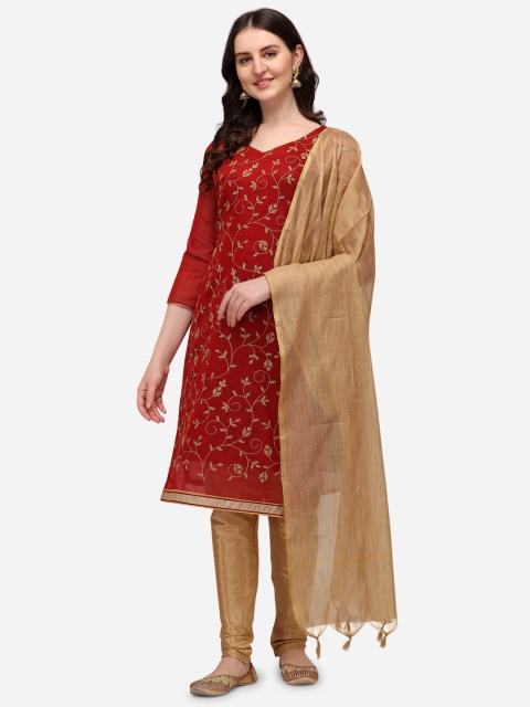 

RAJGRANTH Maroon & Beige Sequin Embroidered Unstitched Dress Material