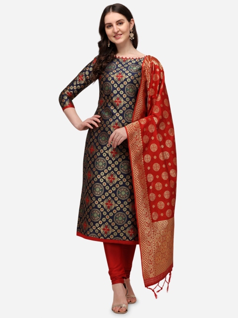 

RAJGRANTH Blue & Maroon Dupion Silk Unstitched Dress Material