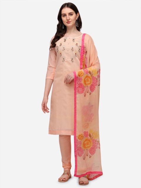 

RAJGRANTH Cream-Coloured & Pink Embroidered Unstitched Dress Material
