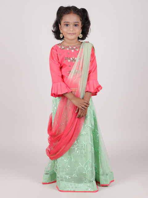 

Pothys Girls Pink & Green Embellished Lehenga & Blouse With Dupatta