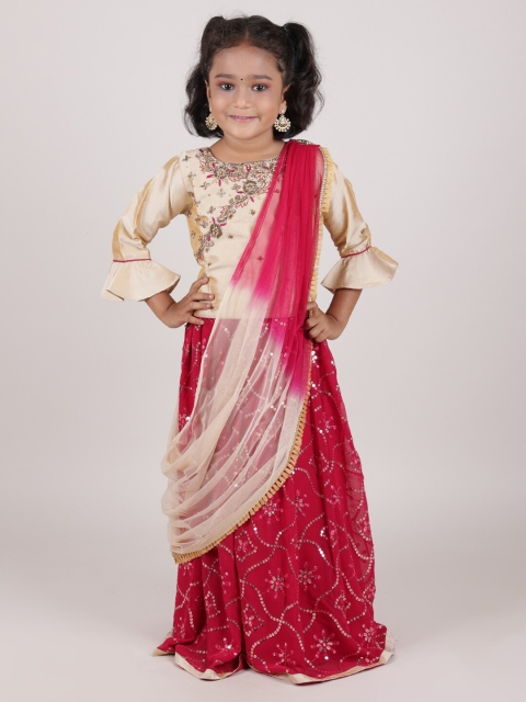 

Pothys Girls Cream-Coloured & Maroon Embellished Lehenga Choli