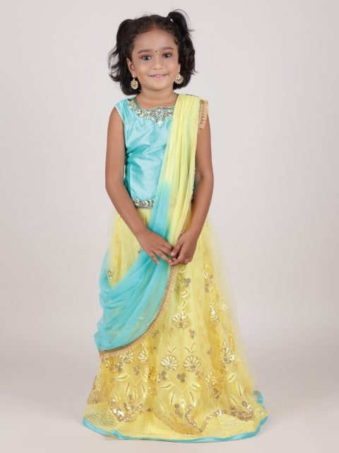 

Pothys Girls Green & Yellow Embellished Ready to Wear Lehenga & Blouse With Dupatta