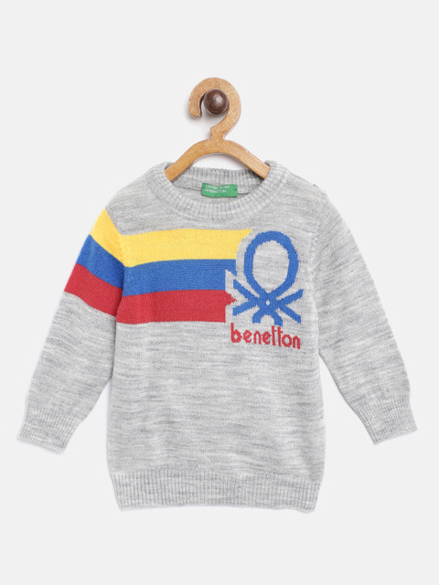 

United Colors of Benetton Boys Grey Melange & Blue Striped & Brand Logo Pullover