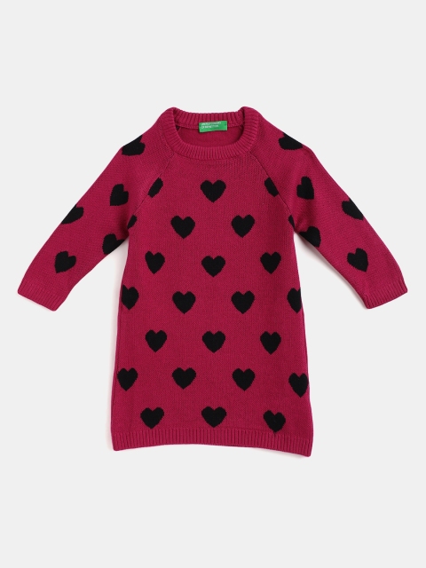 

United Colors of Benetton Girls Magenta & Black Cotton Heart Self-Design Longline Pullover