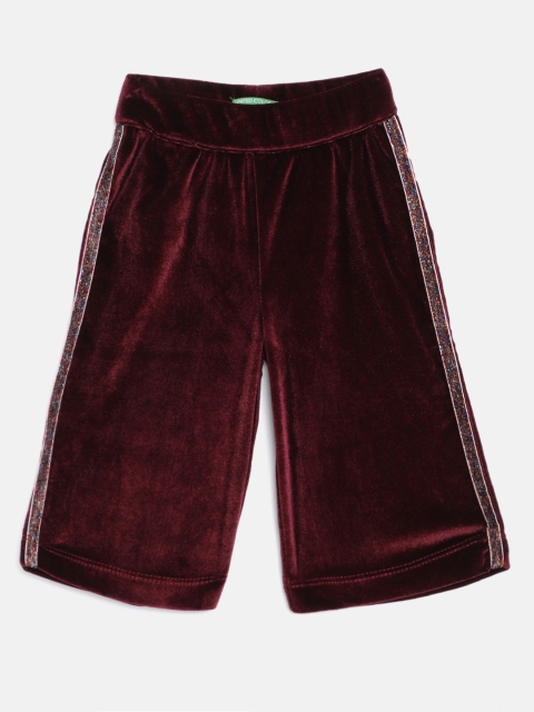 United Colors of Benetton Girls Maroon Solid Velvet Trousers with Side Stripe Detail