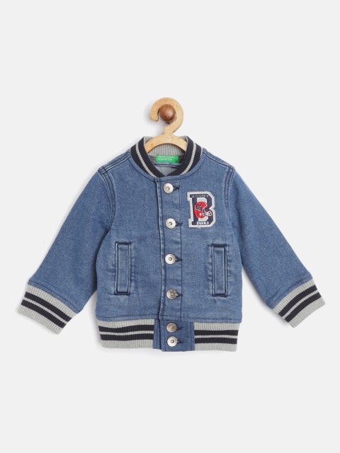 

United Colors of Benetton Boys Blue Solid Denim Jacket with Applique Detail