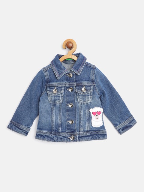 

United Colors of Benetton Girls Blue Solid Denim Jacket with Llama Applique Detail