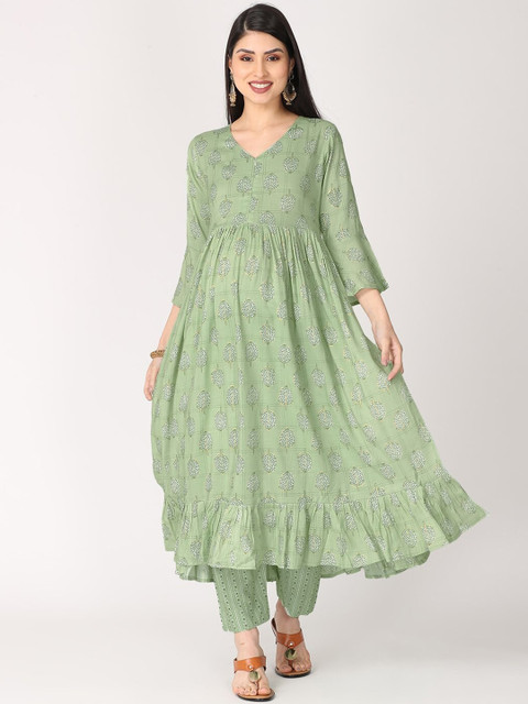

The Mom Store Women Green Ethnic Motifs Printed Regular Maternity Kurta with Trousers