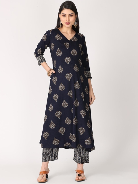 

The Mom Store Women Navy Blue Printed Nursing & Maternity Kurta with Palazzos