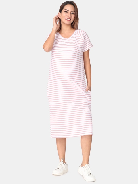 

The Mom Store White Striped Maternity & Nursing Cotton T-shirt Midi Dress