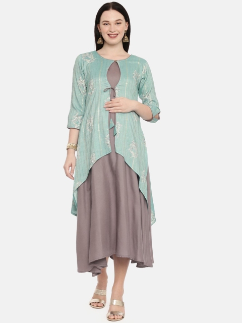 

The Mom Store Green & Grey Printed Maternity A-Line Midi Dress with Jacket