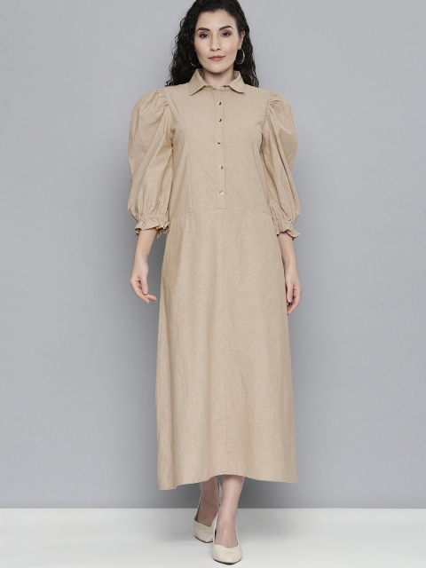 

SCOUP Beige A-Line Cotton Chambray Dress