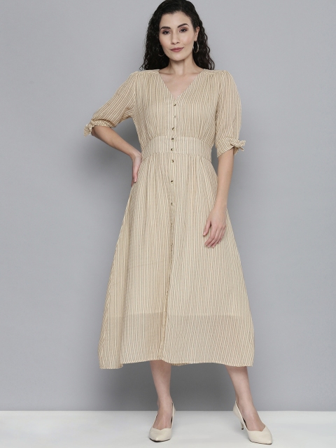 

SCOUP Cream-Coloured Cotton Striped Midi Dress