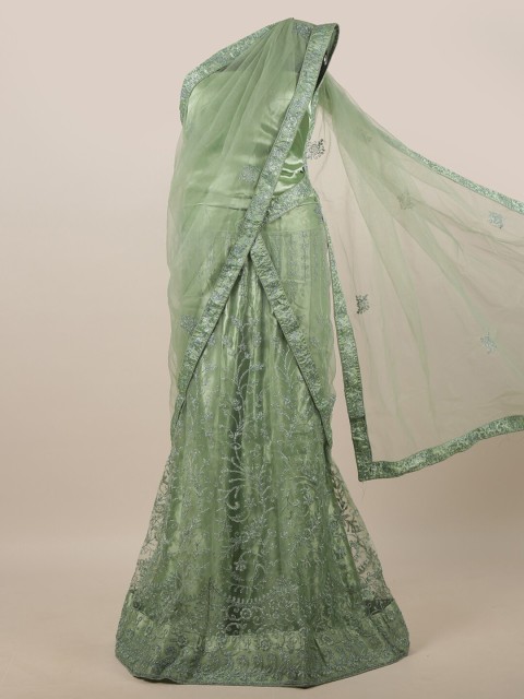 

Pothys Green & Silver-Toned Embroidered Unstitched Lehenga & Blouse With Dupatta