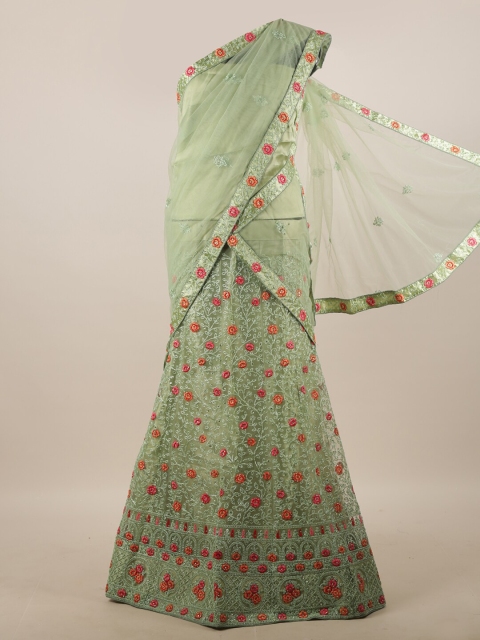 

Pothys Green & Fuchsia Embroidered Thread Work Unstitched Lehenga & Blouse With Dupatta