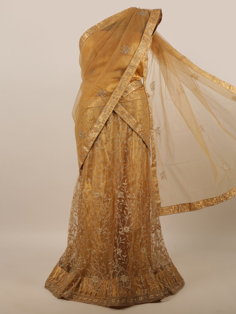 

Pothys Gold-Toned Embroidered Zardozi Unstitched Lehenga & Blouse With Dupatta