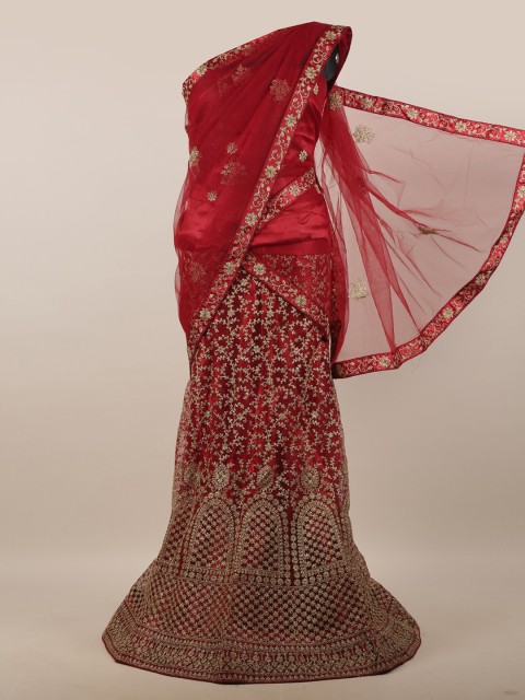 

Pothys Red Embellished Unstitched Lehenga & Blouse With Dupatta