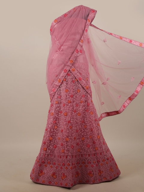 

Pothys Pink & Red Embroidered Unstitched Lehenga & Blouse With Dupatta