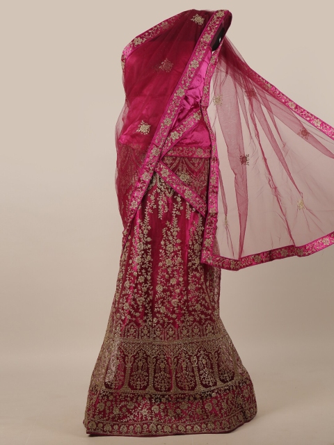 

Pothys Magenta & Gold-Toned Embroidered Unstitched Lehenga & Blouse With Dupatta