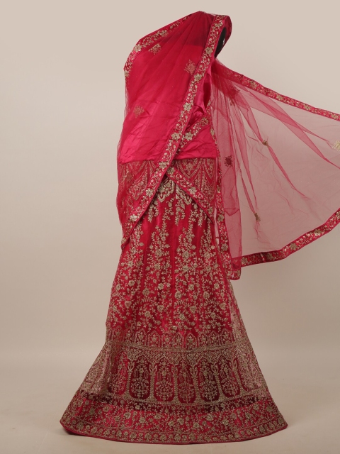 

Pothys Pink & Gold-Toned Embroidered Unstitched Lehenga & Blouse With Dupatta