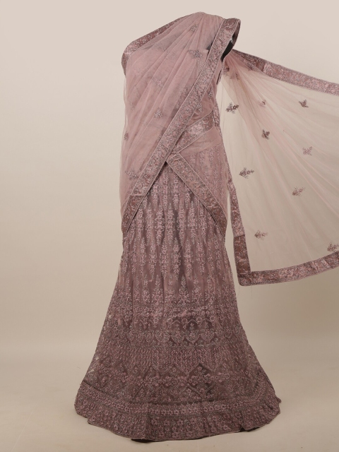 

Pothys Mauve & Silver-Toned Embroidered Unstitched Lehenga & Blouse With Dhavani