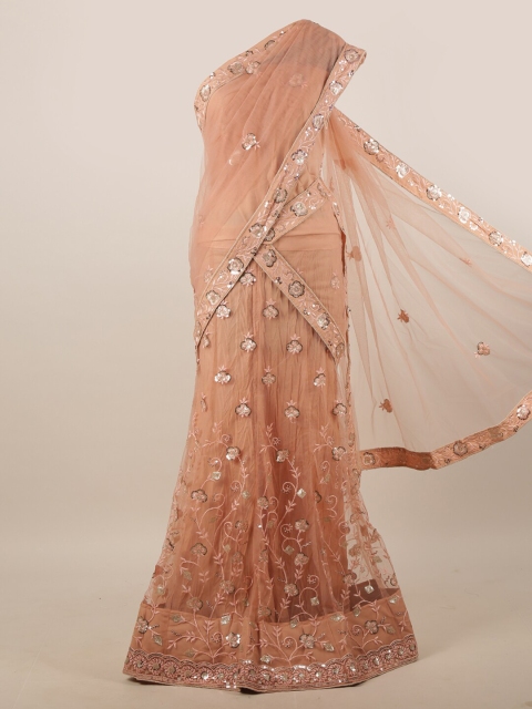 

Pothys Peach-Coloured & Gold-Toned Embroidered Unstitched Lehenga & Blouse With Dupatta