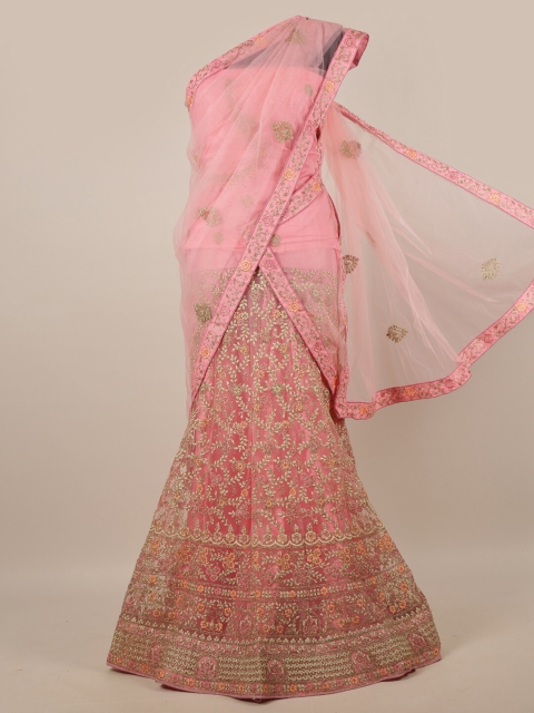 

Pothys Pink & Gold-Toned Embroidered Thread Work Unstitched Lehenga & Blouse With Dhavani
