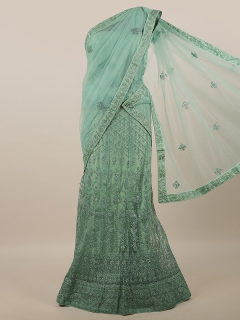 

Pothys Sea Green & Silver Embellished Unstitched Lehenga & Blouse With Dupatta