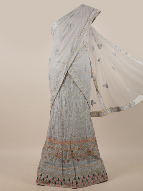 

Pothys Grey & Gold-Toned Embroidered Unstitched Lehenga & Blouse With Dupatta