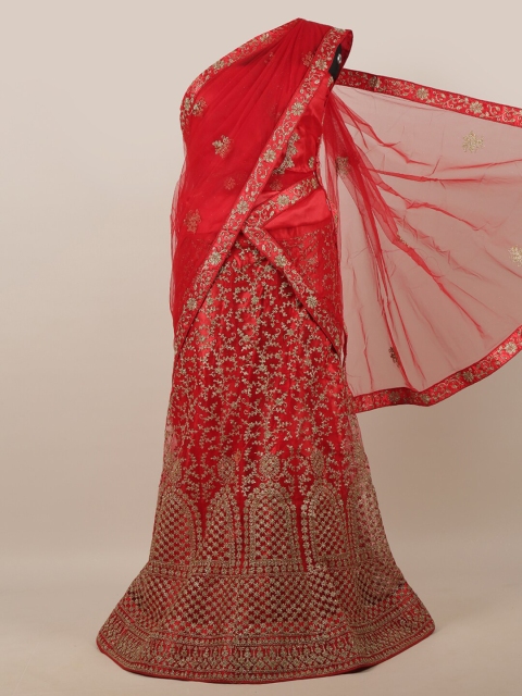 

Pothys Red & Silver-Toned Embellished Unstitched Lehenga & Blouse With Dupatta
