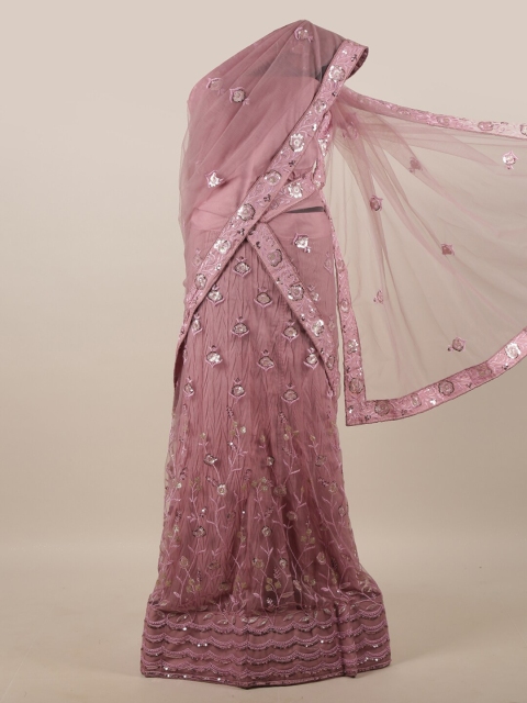 

Pothys Purple & Silver-Toned Embellished Unstitched Lehenga & Blouse With Dupatta