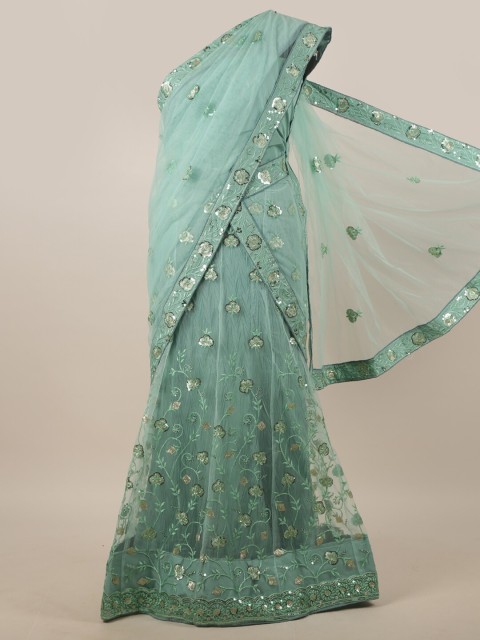 

Pothys Green & Silver-Toned Embellished Unstitched Lehenga & Blouse With Dupatta